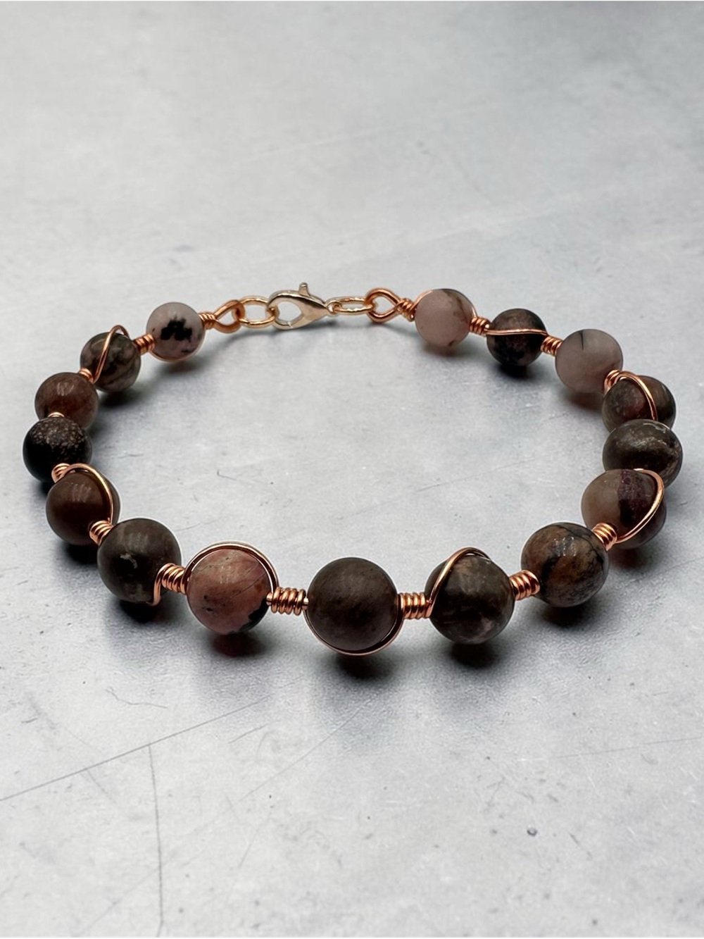 Handmade Plum Gemstone Beaded Bracelet with Copper Wire Wrap